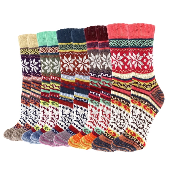 10 Pairs Women's Thick Thermal Wool Blend Crew Socks, Retro Ethnic Jacquard Poly Cotton Warm Mid Calf Athletic Socks for Fall Winter Daily Outdoor