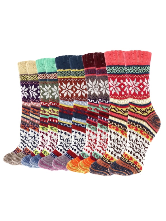 10 Pairs Women's Thick Thermal Wool Blend Crew Socks, Retro Ethnic Jacquard Poly Cotton Warm Mid Calf Athletic Socks for Fall Winter Daily Outdoor
