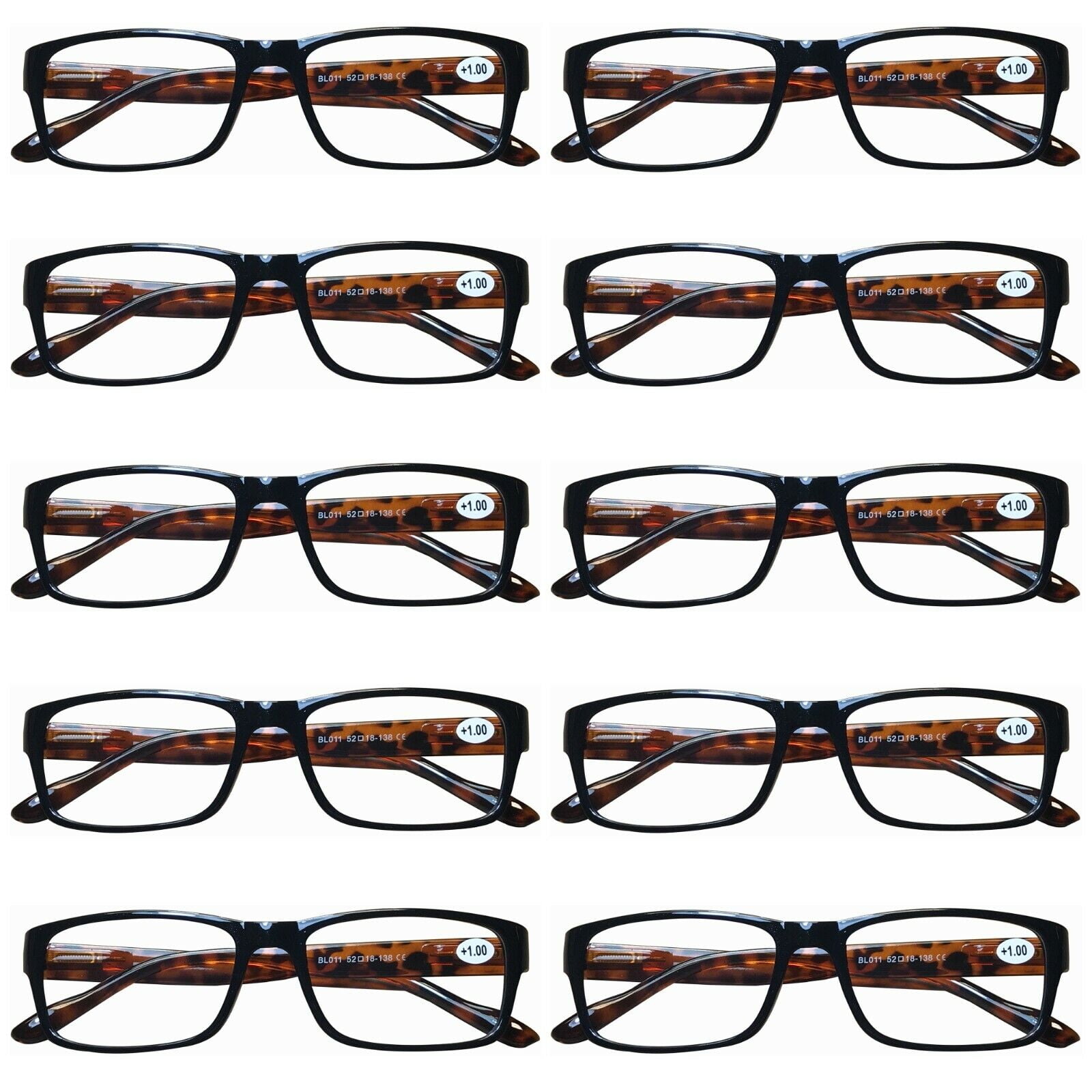 10 Pairs Womens Mens Unisex Rectangular Blue Light Blocking Reading Glasses Spring Hinge Readers +1.25