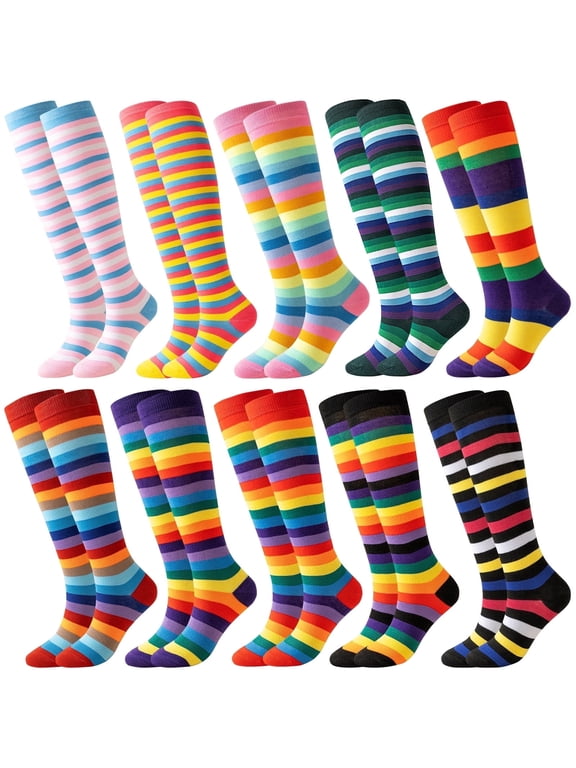 10 Pairs Womens Rainbow Knee High Socks Colorful Striped Long Tube Stockings for Women Teens