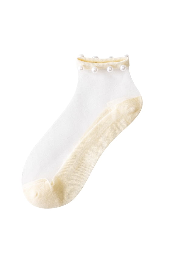 10 Pairs Womens Socks Casual Cute Solid Beaded Mesh Splice Breathable Short Socks