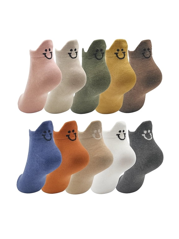 10 Pairs of Happy Face Embroidered No-Show Socks - Soft, Breathable Cotton Low-Cut Sports & Outdoor Socks