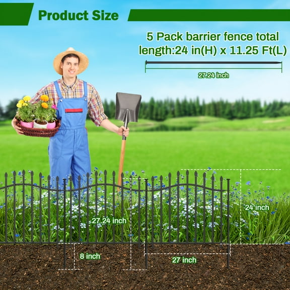 10 Panels No Dig Decorative Garden Fence with Gate - 32in H x 22.5ft L, Reinforced Square Tube Rustproof Tall Animal Barrier for Dogs & Rabbits, Outdoor Yard Border Fencing