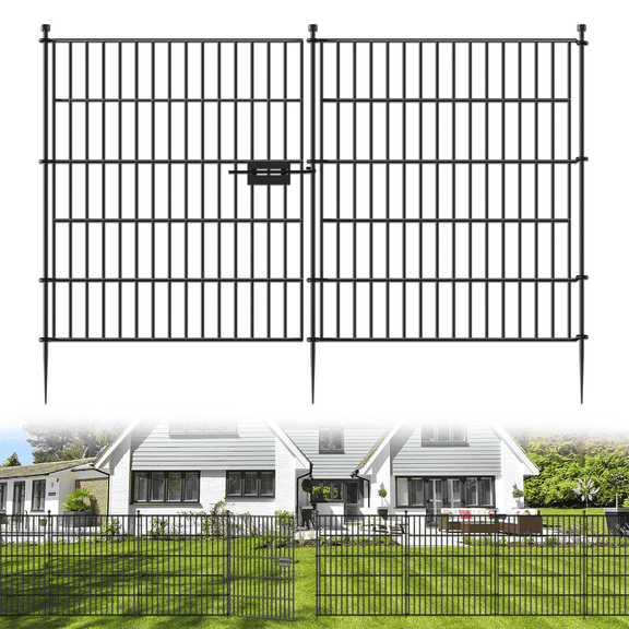 10 Panels No Dig Decorative Outdoor Garden Fence with Gate for Yard, 32 in(H) X 23.6 ft(L) Animal Barrier Fencing Rustproof Metal Wire Panel Border for Dog, Rabbits, and Patio Temporary Ground Stakes