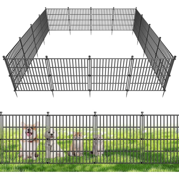 10 Panels No Dig Decorative Outdoor Garden Fence for Yard, 24 in(H) X 20 ft(L) Animal Barrier Fencing Rustproof Metal Wire Panel Border for Dog, Rabbits, and Patio Temporary Ground Stakes