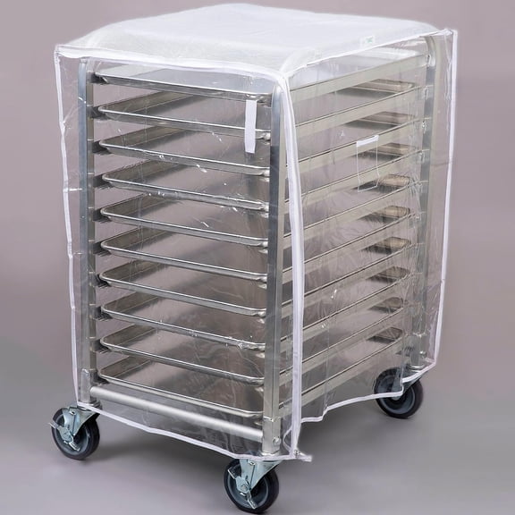 (10 Pans Rack with Cover) Half-Height Bun/Sheet Pan Rack with Clear 8 Mil Plastic Cover  Commercial-Grade Welded Aluminum Rack (26" L x 20" W x 38" H) with 5" Casters & 33" H Protective Cover