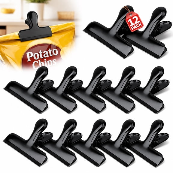 Deally 12 Pack Chip Clips, Blcak Stainless Steel Clips for Food, 3-Inch Heavy Duty Metal Bag Clips for Kitchen and Office