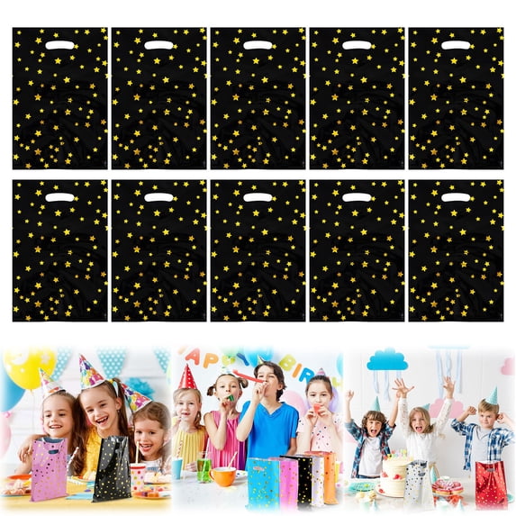 10 Party Favor Bags for Birthdays, Goodie Candy Bags in Colors with Star Pattern, Black