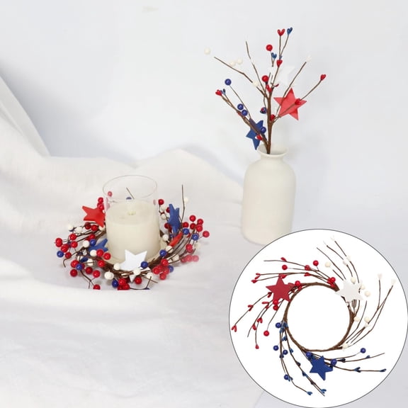 10" Patriotic Candle Ring Wreath, Red White Blue Foam Berry Candle Holder for July 4th, Artificial Berry Wreath for Table Centerpiece, Mantel, Kitchen Decor, Independence Day Table Decor, By Harlik
