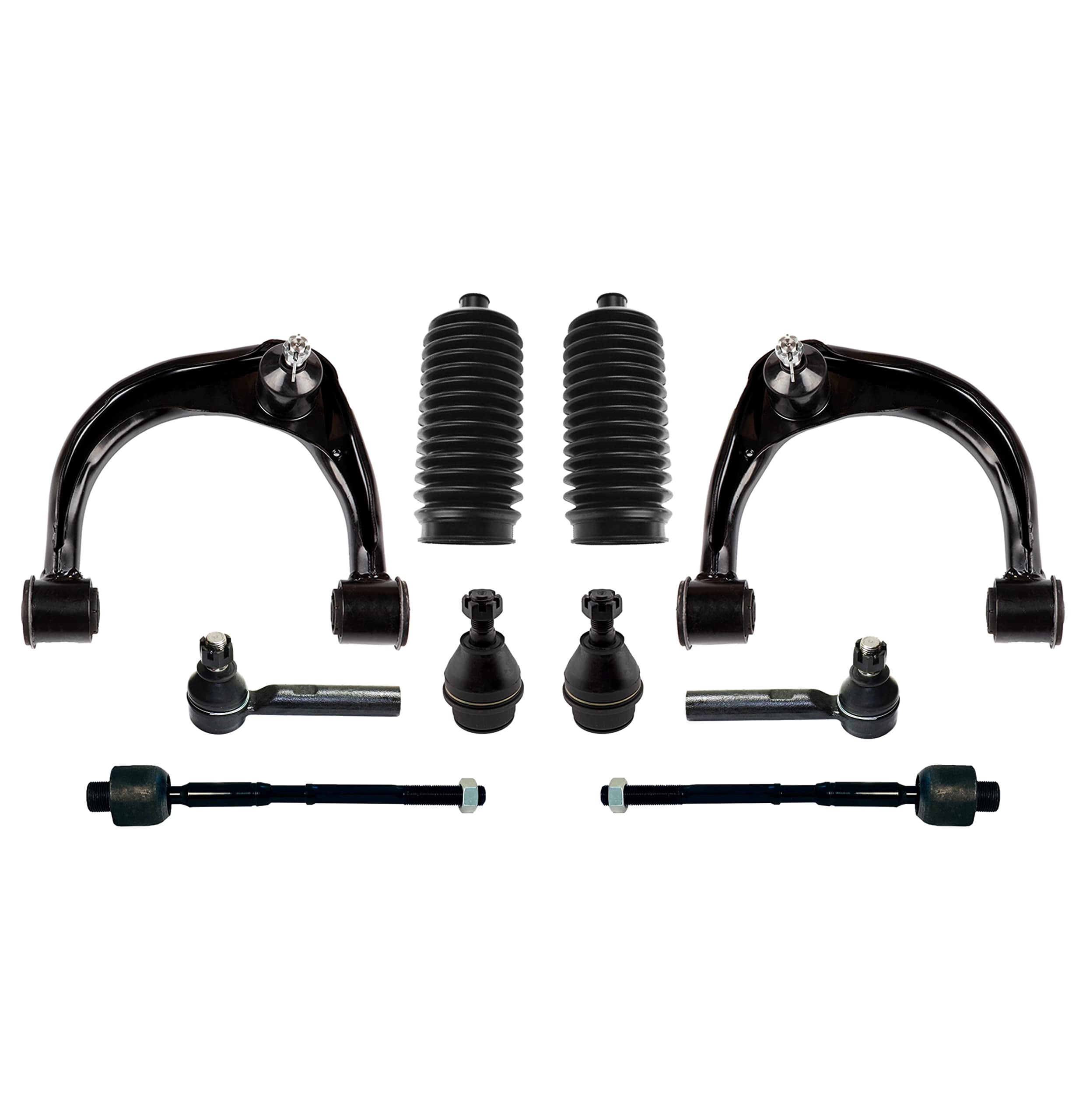 10 Pc Front Upper Control Arms, Lower Ball Joints, Tie Rod Ends + Rack