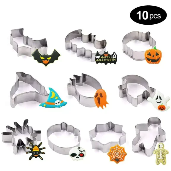 10 Pc Halloween Cookie Cutters Set Pumpkin Bat Ghost Shapes Mold Stainless Steel
