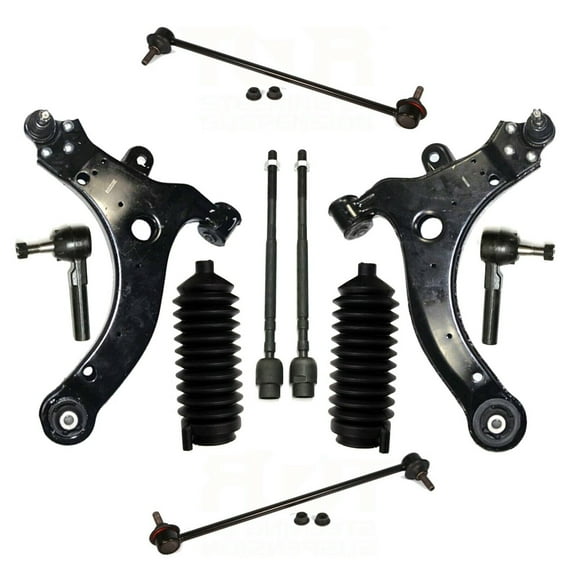 10 Pc New Front Suspension Kit Control Arms with Ball Joints, Rack and Pinion Bellow Boots, Inner & Outer Tie Rod End, Sway Bars