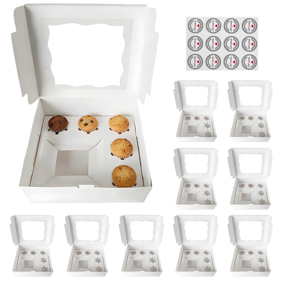 10 Pack 10-Inch Bento Cake Boxes with Clear Window & Cupcake Inserts, Adjustable Dividers White Paperboard Pastry Packaging Box with Stickers