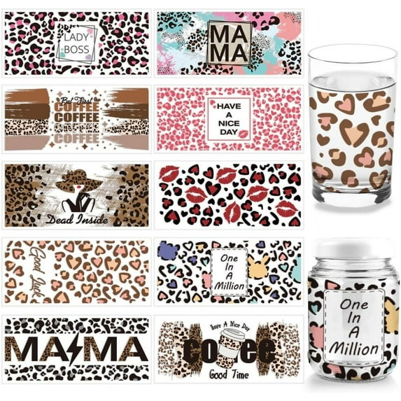 10 Pcs 10 Styles Cup Wrap Transfer Sticker PVC Glass Cup Transfer Paper Leopard Print Rub on Transfers UV DTF Vintage Cup Wrap Sticker Waterproof Rub Decals for Craft
