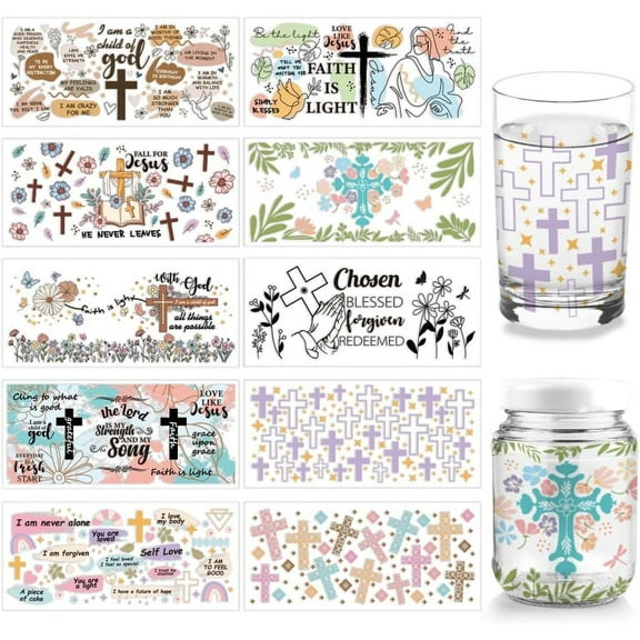 10 Pcs 10 Styles Cup Wrap Transfer Sticker PVC Glass Cup Transfer Paper Words Rub on Transfers UV DTF Vintage Cup Wrap Sticker Waterproof Rub Decals for Craft for DIY