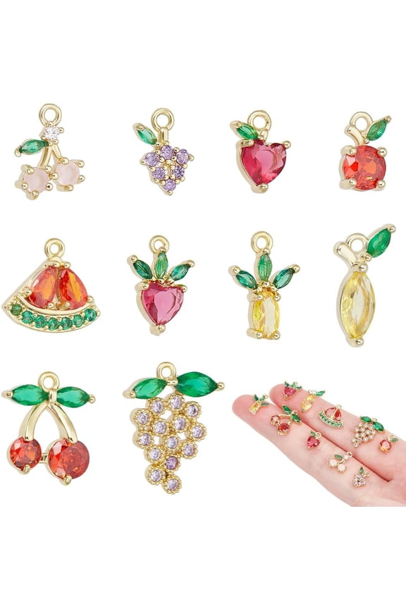 10 Pcs 10 Styles Fruits Charms Golden Enamel Charms Cubic Zirconia Fruit Pendant for DIY Necklace Bracelet Earrings Jewelry Making Hole: 1-1.2mm colorful