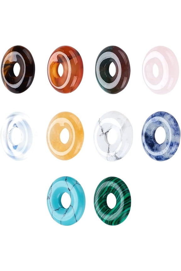10 Pcs 10 Styles Natural Circle Donut Gemstone Charms 18mm Dyed Flat Round Mixed Natural and Donut Stone Beads Pendants Natural Stone Pendant for Jewelry Making Hole: 5.5mm Natural Malaysia Jade