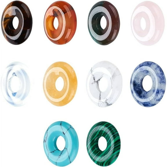10 Pcs 10 Styles Natural Circle Donut Gemstone Charms 18mm Dyed Flat Round Mixed Natural and Donut Stone Beads Pendants Natural Stone Pendant