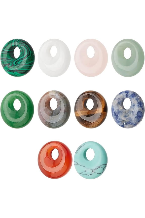 10 Pcs 10 Styles Natural Donut Gemstone Charms 17.5mm Flat Round Mixed Natural and Synthetic Donut Stone Beads Pendants Natural Stone Pendant