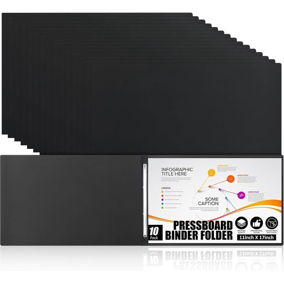 10 Pcs 11x17 Inch Pressboard Report Cover, 3" Capacity Presentation Binder Folder with Metal Prong Paper Fastener to Neatly Bind Reports Proposals Transcripts, Other Documents (Black)