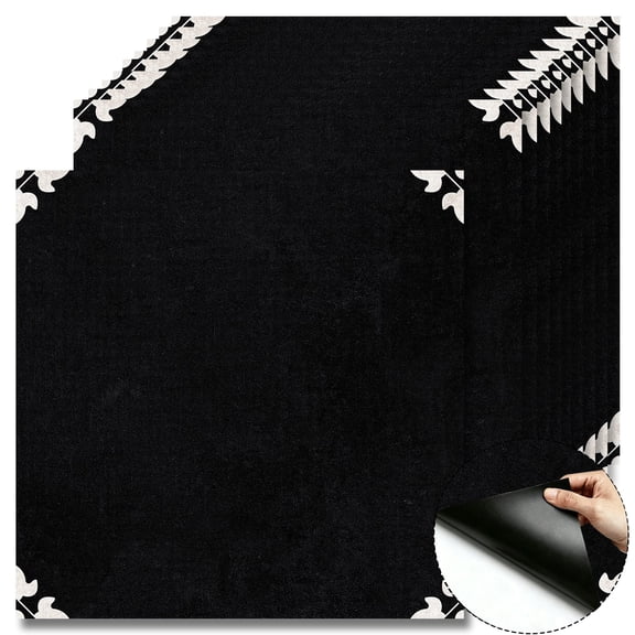 10 Pcs 12"x12" Black Vintage Patterned Self-Adhesive DIY Vinyl Flooring Tiles, Cover 10 Sq.Ft, Removable Waterproof Peel and Stick Floor Tiles for Bathroom Kitchen Bedroom Wall Stairs Home Decor