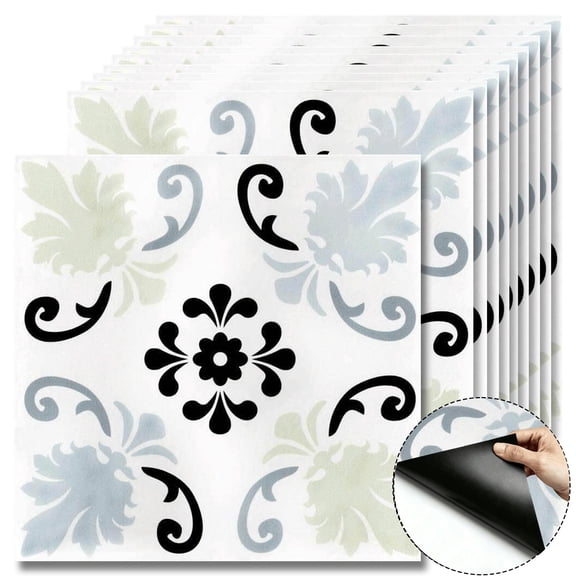 10 Pcs 12"x12" Moroccan Floral Peel and Stick Floor Tiles, Cover 10 Sq.Ft, Self-Adhesive DIY Vinyl Flooring, Removable Waterproof Vinyl Tiles for Bathroom Kitchen Wall Bedroom Stair Home Decor