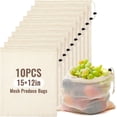 thumbnail image 1 of 10 Pcs 15 x 12 in Reusable Bags Grocery Washable Plastic Free, Organic Cotton Mesh Produce Pack, Drawstring Closure, Double-stitched Bag for Vegetables Fruit Onions, 1 of 2