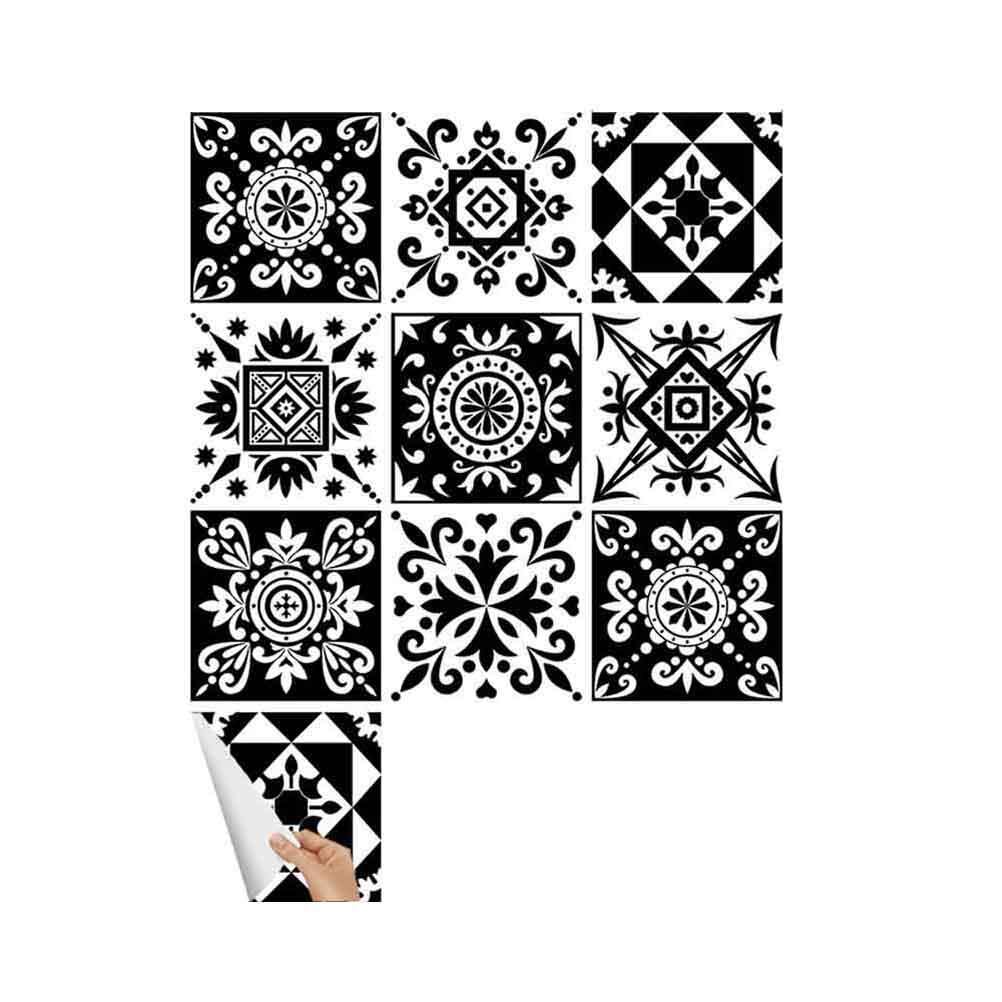 10 Pcs 15x15cm Floral Pattern Black and White Wall Sticker Tiles Decal Waterproof Self Adhesive