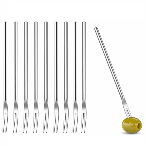 10Pcs Stainless Steel 2-Tine Pickle Forks for Fruit Appetizers 8.7 inch Long Handle Olive Fork Portable Cocktail Forks Salad Appetizer Fork for Jar Dessert Appetizer Fruit Vegetables