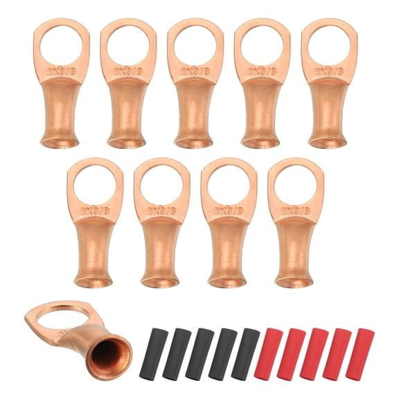 10 Pcs 3/8" Stud 8AWG Battery Cable End with 10pcs 3:1 Heat Shrink, Gold