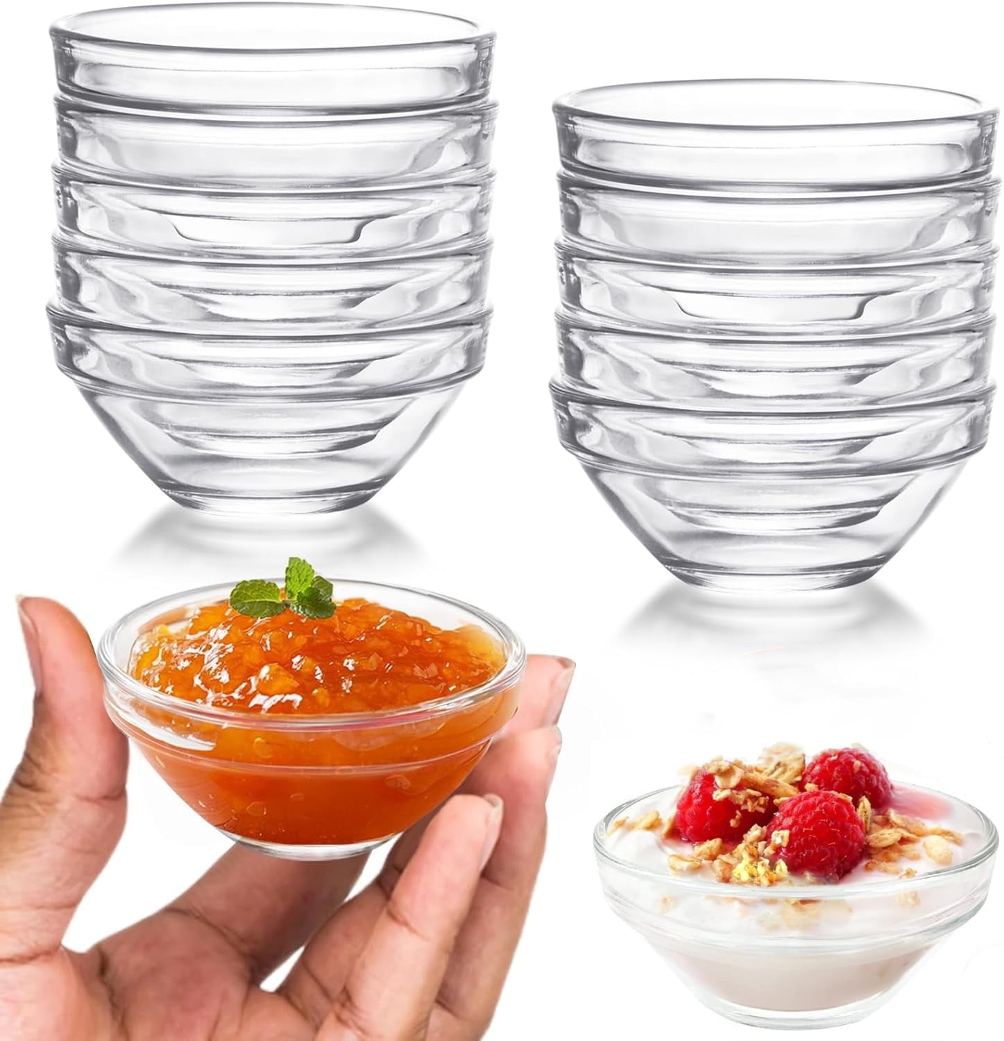 10 Pcs 3" Small Glass Bowls, Dingrich 2.8oz Mini Meal Prep Bowl, Round Dipping Sauces Bowls, Stackable Clear Serving Bowl for Dessert Snack Spice Sauce Condiments (2.95 x 1.38 x 1.57 in)