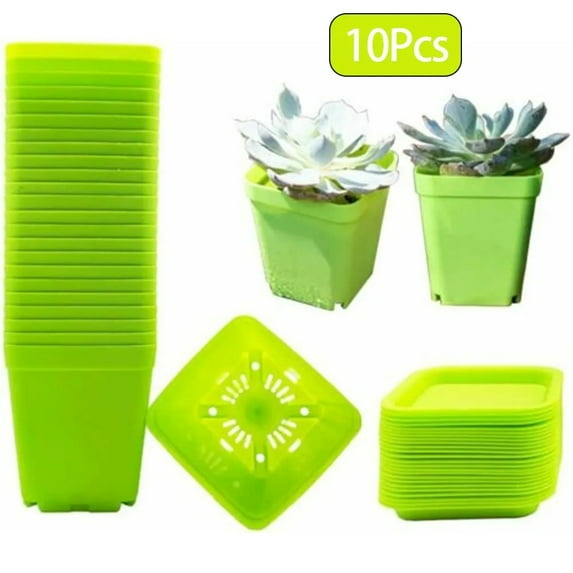 10 Pcs 3 inch Plastic Nursery Pot, MODANU Square Starter Pots with Trays and Drainage Hole, Nursery Pots for Your Room, Garden, Office and Balcony Decor, Green