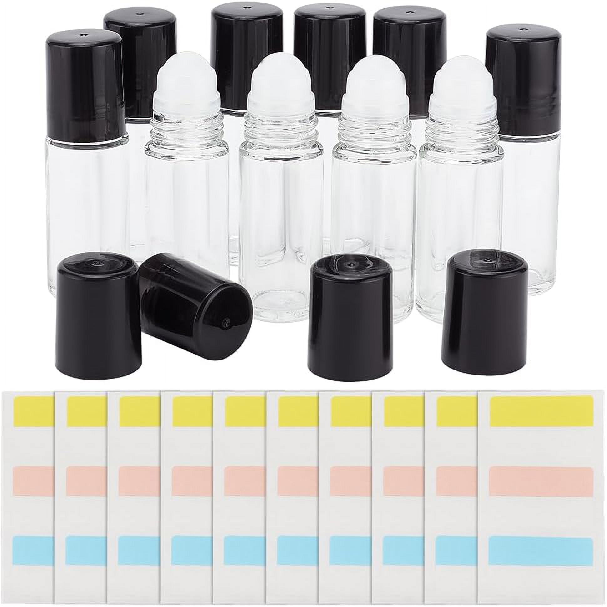 10 Pcs 30ml/1 oz Clear Glass Roller Ball Bottles Refillable Empty Roller Bottle Kit with Plastic Roller Black Cover Labels 6 Pcs ABS Plastic Bottle Openers for Travel Perfume Dividing DIY