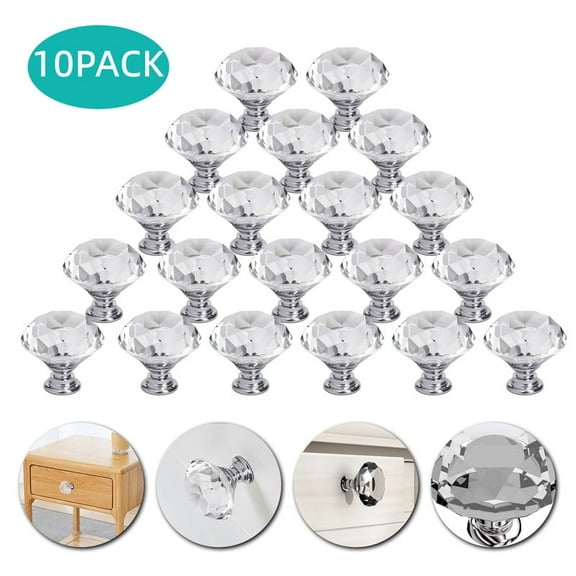 10 Pcs 30mm Diamond Shape Crystal Cabinet Pulls, Cupboard Drawer Knob, Kitchen Cabinet Door Wardrobe Handles, Furniture Hardware Handles for Kitchen, Dresser, Cupboard, Bathroom, Wardrobe(White)