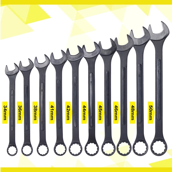 10 Pcs 34-50mm Metric Jumbo Combination Wrench Set w/ Pouch, Black-Oxide