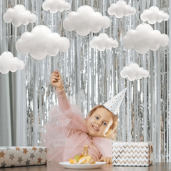 10 Pcs 3D Cloud Decoration for Ceiling, White Hanging Cloud Decoration in 4 Sizes with Transparent String, Soft Non-Woven Party Ornament