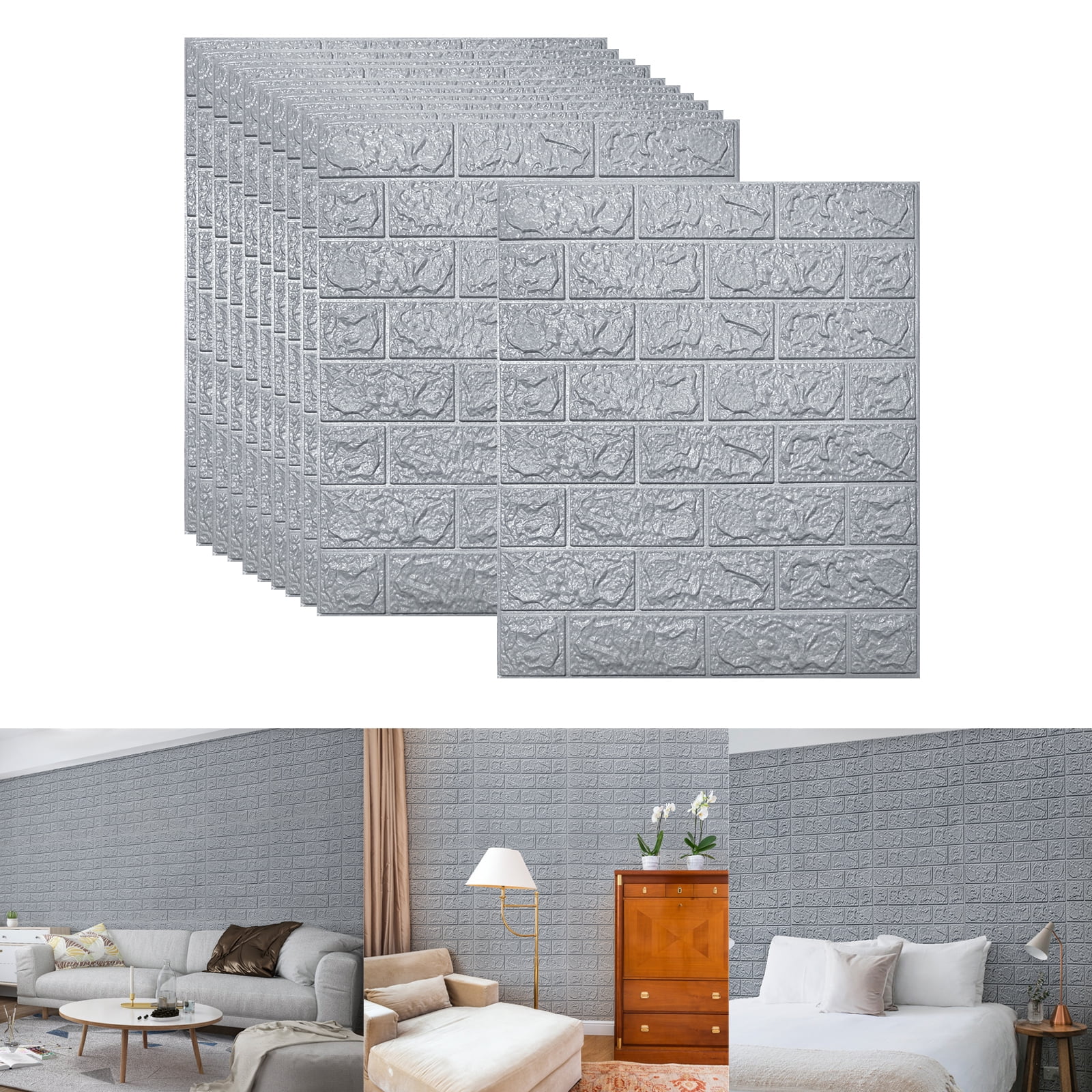10 Pcs 3D Wall Panels，Peel and Stick Grey Brick Wallpaper Faux Foam Brick（14.5 Sq.ft）