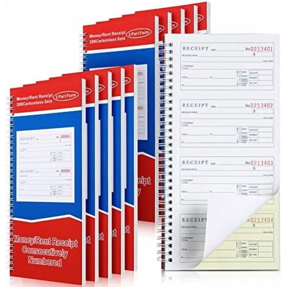 10 Pcs 5-1/4" x 11" Books Money and Rent Receipt Book 2 Part Carbonless Receipt Book with Carbonless Copies Spiral Bound Cover Receipt Log Book 200 Sets Per Book 4 Receipts Per Page$$Office