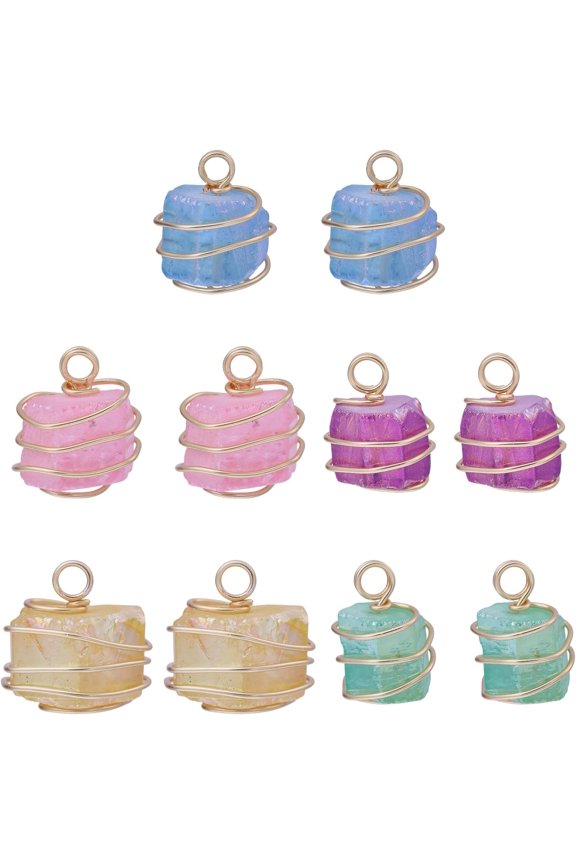10 Pcs 5 Styles Electroplated Natural Quartz Pendants Copper Wire Wrapped Natural Stone Charms Gemstone Charms for Necklace Making DIY Craft