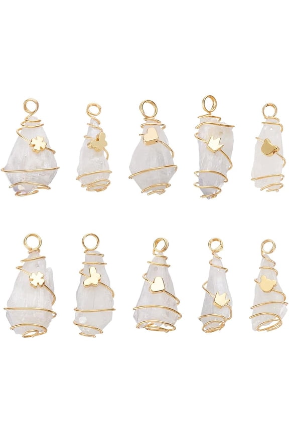 10 Pcs 5 Styles Natural Quartz Copper Wire Wrapped Pendants Handicraft Teardrop Stones Pendant Gold Plated Wire Wrapped Gemstone for Jewelry Making Old Lace