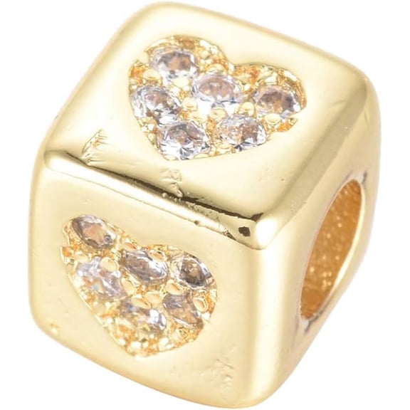 10 Pcs 6mm Brass Micro Pave Cubic Zirconia Beads with Heart Pattern Golden Color Cube Rhinestone Spacer Beads Loose Connector Charm Beads with 3mm Hole for DIY Jewelry Making