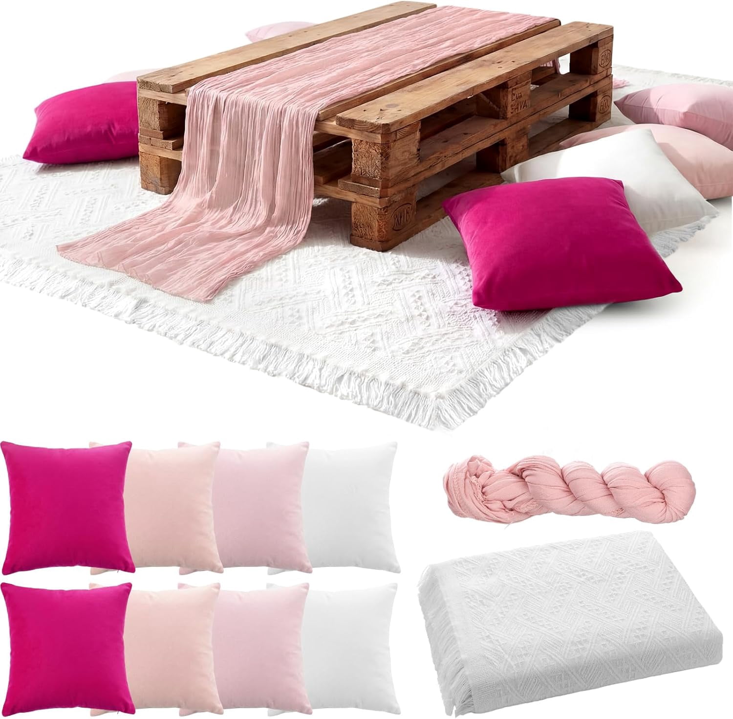 10 Pcs 71''x102'' Extra Large White Outdoor Boho Picnic Blanket with Pink Table Runner 8 Throw Pillow Cover Oversized Washable Portable Beach Blanket for Valentine Picnic Camp Lawn Wedding
