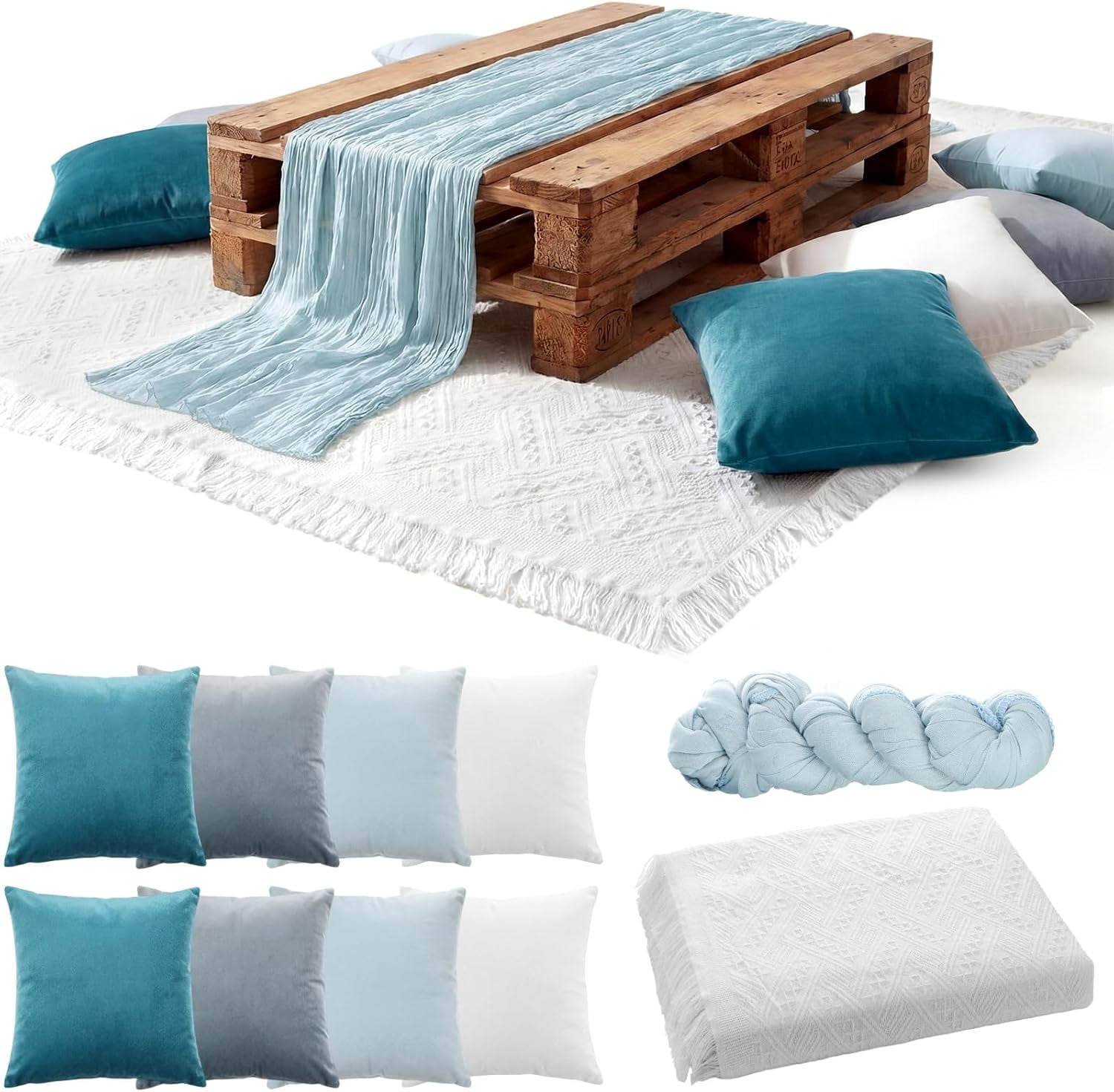 10 Pcs 71''x102'' Extra Large White Outdoor Boho Picnic Blanket with Table Runner 8 Blue Throw Pillow Cover Oversized Washable Portable Beach Blanket for Valentine Picnic Camp Lawn Wedding