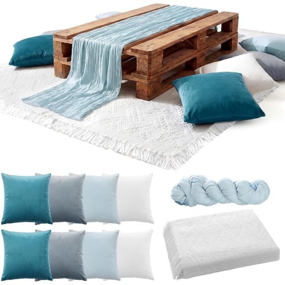10 Pcs 71''x102'' Extra Large White Outdoor Boho Picnic Blanket with Table Runner 8 Blue Throw Pillow Cover Oversized Washable Portable Beach Blanket for Valentine Picnic Camp Lawn Wedding