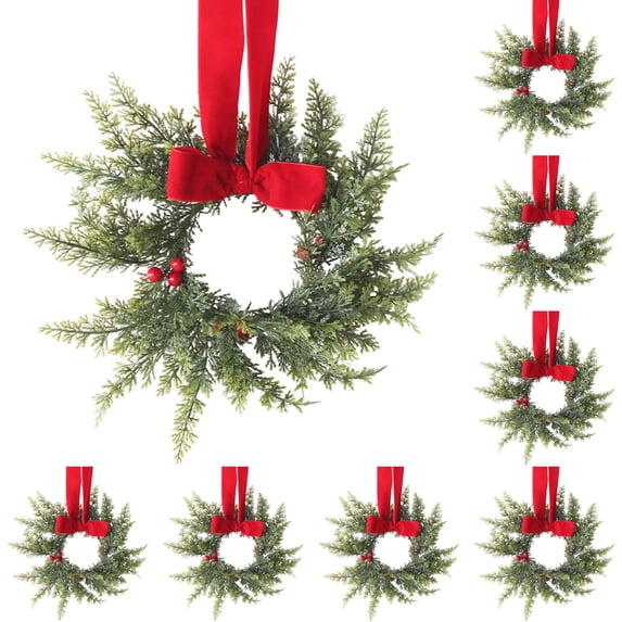 10 Pcs 8.66 Inch Mini Christmas Cabinet Wreath, Artificial Rattan Small Wreath with Ribbon Bow & Red Berries, Farmhouse Hanging Ornament for Kitchen, Window, Door Xmas Holiday Decor