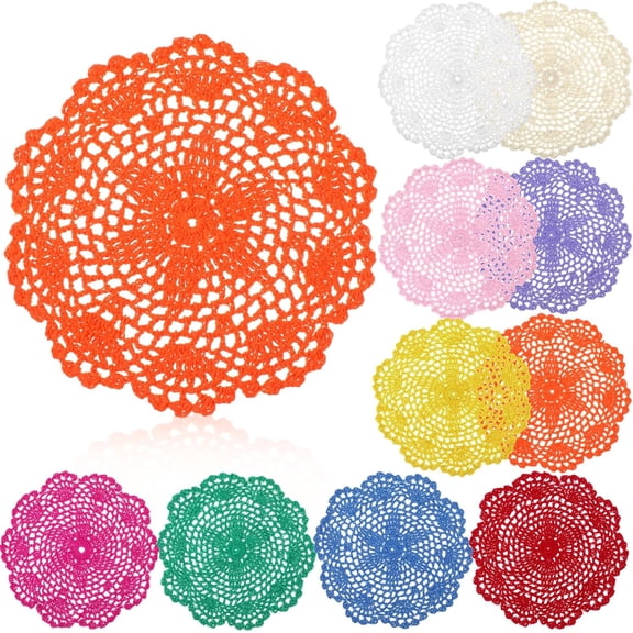10 Pcs 8 Inch Cute Crochet Doilies Crochet Flower Coasters Handmade Cotton Coaster Round Lace Placemats with Floral Patterns Doily Cloth Set Spring Wedding Easter Party Decoration(Colorful)
