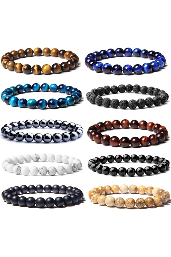 10 Pcs 8mm Semi-Precious Gemstones Bracelets Round Beaded Bracelets for Men Women Stone Crystal Healing Stretch Beaded Bracelet Unisex