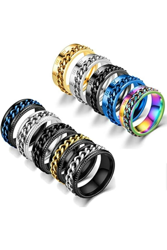 10 Pcs 8mm Stainless Steel Ring Spinner Fidget Band Chain Rings for Men Women Polished Wedding Cool Ring, Size 7-11