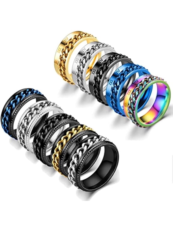 10 Pcs 8mm Stainless Steel Ring Spinner Fidget Band Chain Rings for Men Women Polished Wedding Cool Ring, Size 7-11