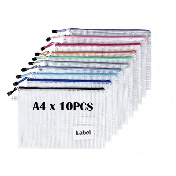 10 Pcs A4 Plastic Wallets Mesh Zipper Pouch with Label Pocket, TRANBO Zip Lock Document Folder File Storage Bags for Office, School, Travel - Assorted Colours